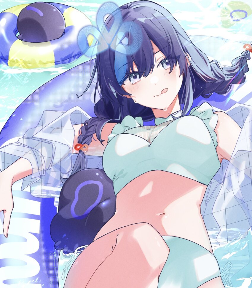 1girl, bikini, blue_hair, braid, breasts, cleavage, commentary, floating
