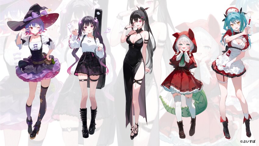5girls, absurdres, alternate_costume, animal_ear_hood, animal_ears, ankle_boots, aotsuki_remia, apron