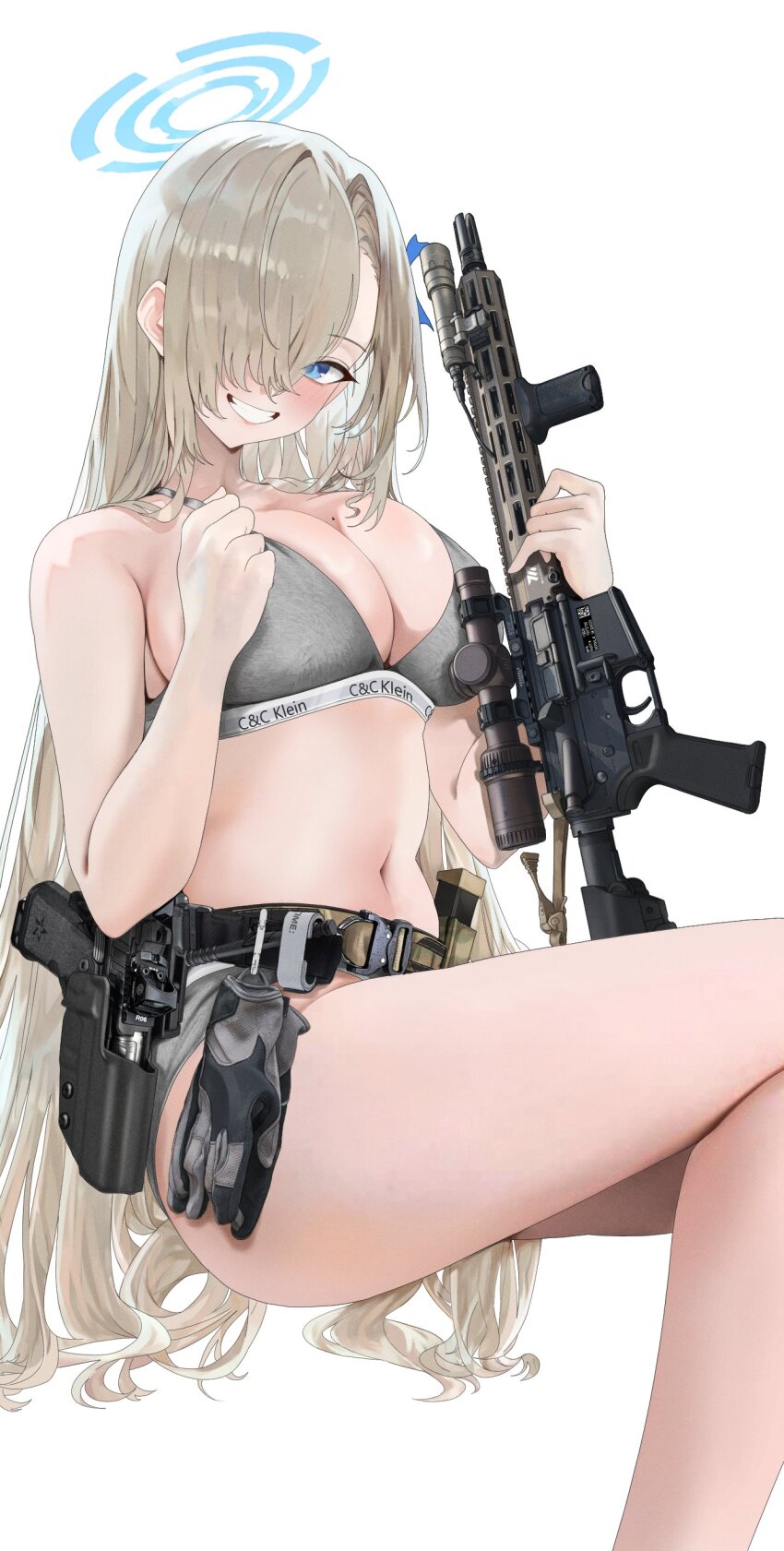 1girl, absurdres, assault_rifle, asuna_(blue_archive), belt, blonde_hair, blue_archive, blue_eyes