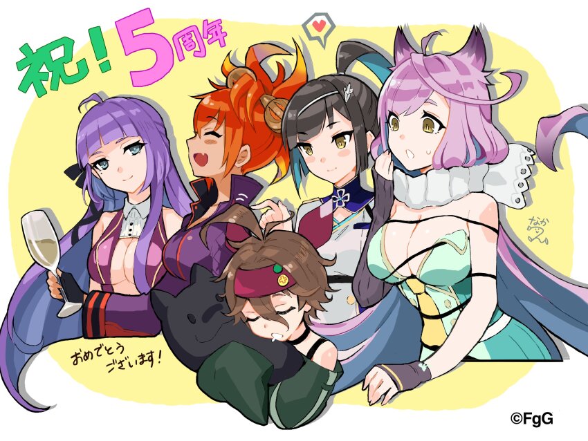 4girls, :d, ^_^, absurdres, ahoge, animal_ears, anniversary, artist_name