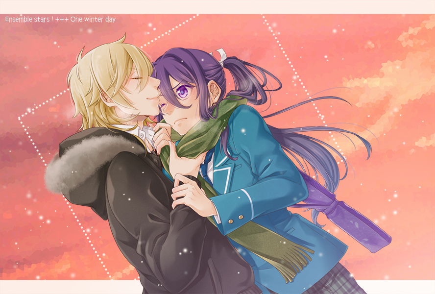 2boys, adjusting_another's_clothes, bishounen, black_jacket, blazer, blonde_hair, blue_jacket, blue_necktie