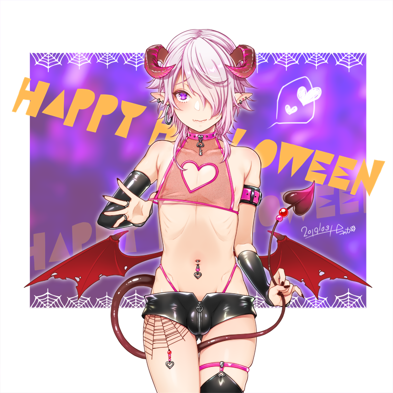 1boy, arm_warmers, armlet, armpit_crease, bat_wings, bead_tail_ornament, between_legs, black_arm_warmers, black_nails, black_thighhighs, blush, border, bulge, chaka0w0, choker, cleavage_cutout, closed_mouth, clothing_cutout, crop_top, crotch_zipper, dated, demon_boy, demon_horns, demon_tail, ear_piercing, earrings, fang, gluteal_fold, groin, hair_over_one_eye, halloween, hand_up, happy_halloween, heart, heart_cutout, hip_bones, holding_own_tail, hoop_earrings, horns, jewelry, key, key_necklace, leather_shorts, letterboxed, looking_at_viewer, low_wings, multiple_earrings, nail_polish, navel, navel_piercing, necklace, nipple_slip, nipples, one_eye_covered, original, outside_border, pectoral_cleavage, pectorals, piercing, pink_choker, pink_shirt, pointy_ears, purple_background, purple_eyes, raised_eyebrows, red_wings, ribs, ring, see-through_clothes, see-through_shirt, shirt, short_hair, short_shorts, shorts, signature, silk, single_earring, single_thighhigh, sleeveless, sleeveless_shirt, smile, spider_web, spider_web_print, spoken_heart, stud_earrings, tail, tail_between_legs, thigh_strap, thighhighs, thighs, torn_wings, trap, white_border, white_hair, wings, wolf_cut, zipper_pull_tab