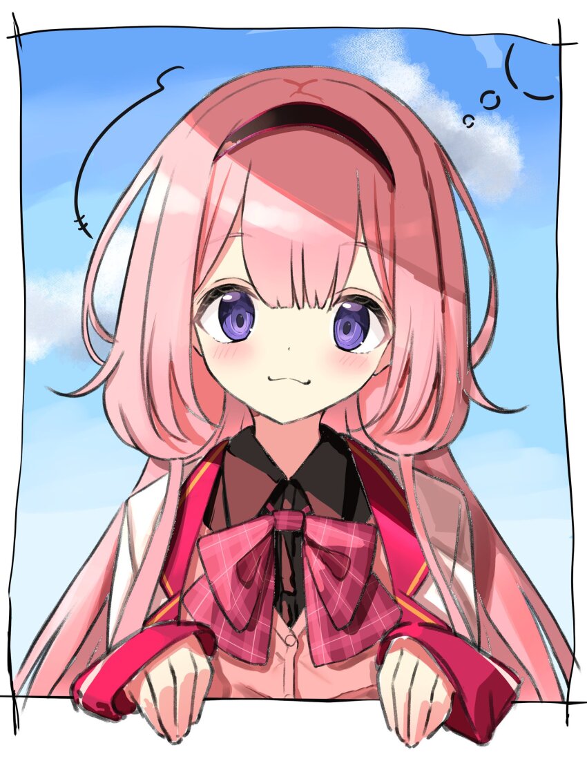 1girl, :3, black_hairband, black_shirt, blazer, blue_sky, blush, border