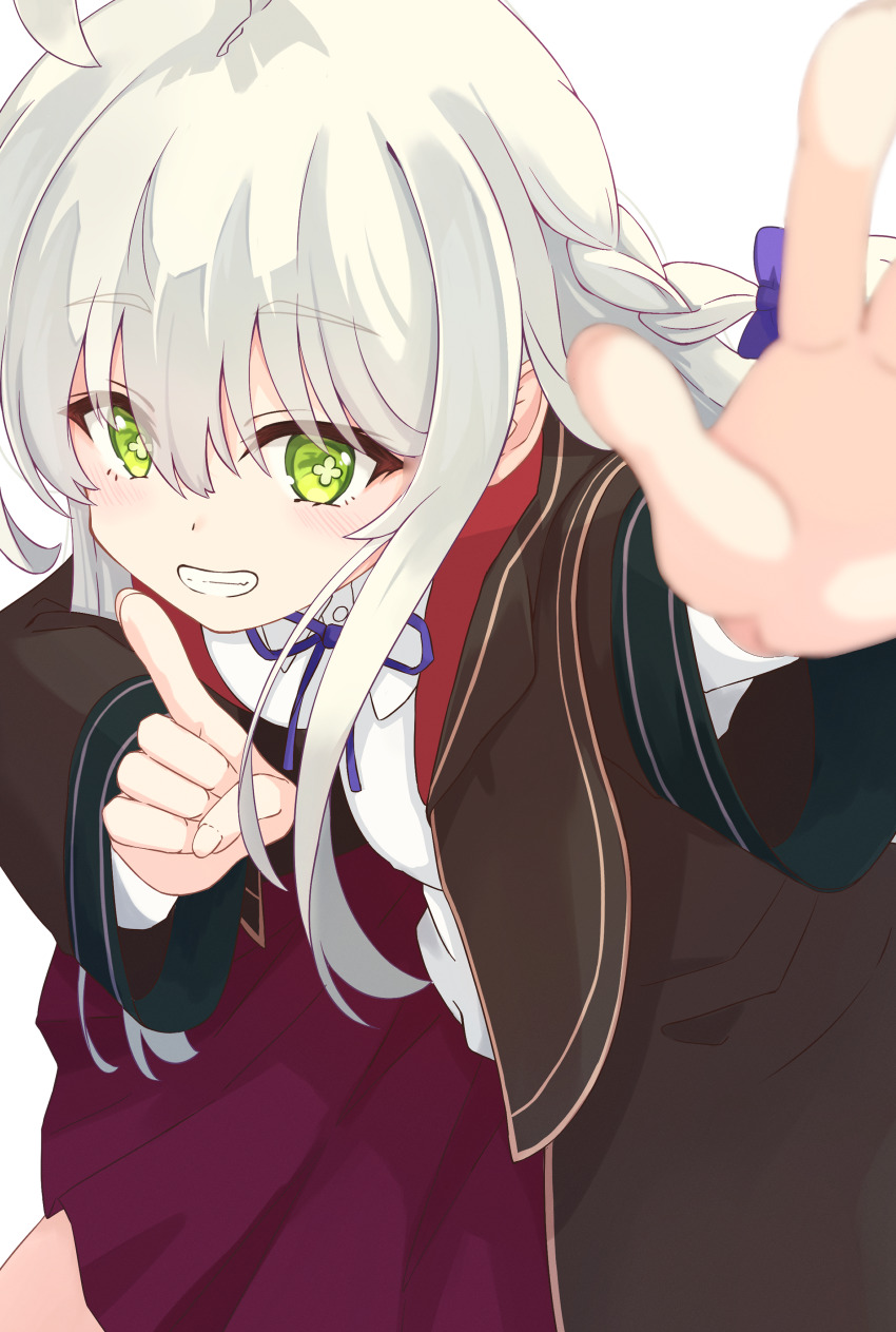 1girl, absurdres, ahoge, blue_bow, blue_ribbon, blurry, blurry_foreground, blush, bow, braid, breasts, commentary_request, cosplay, cross-shaped_pupils, depth_of_field, elaina_(majo_no_tabitabi), elaina_(majo_no_tabitabi)_(cosplay), elainu_(majo_no_tabitabi), elumina1213, finger_to_mouth, fingernails, green_eyes, grin, hair_bow, highres, index_finger_raised, long_hair, long_sleeves, looking_at_viewer, majo_no_tabitabi, medium_breasts, neck_ribbon, partial_commentary, purple_skirt, ribbon, shirt, shushing, side_braid, sidelocks, simple_background, skirt, smile, solo, symbol-shaped_pupils, white_background, white_hair, white_shirt, wide_sleeves