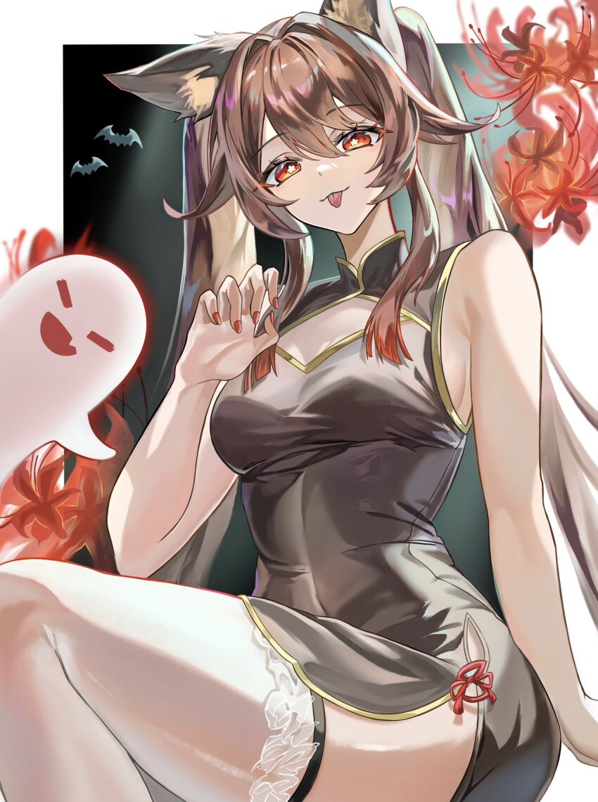 1girl, animal_ear_fluff, animal_ears, bat_(animal), black_background, black_dress, boo_tao_(genshin_impact), border