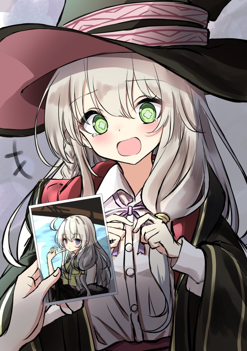 +++, 1other, 2girls, :/, ahoge, black_cloak, blush, bow, bowtie, braid, buttons, cloak, collared_shirt, commentary_request, cosplay, cross-shaped_pupils, dilated_pupils, dress_shirt, elaina_(majo_no_tabitabi), elaina_(majo_no_tabitabi)_(cosplay), elainu_(majo_no_tabitabi), farat0827, finger_to_mouth, green_eyes, grey_background, hair_between_eyes, hair_over_shoulder, hand_up, hands_up, hat, highres, holding, holding_photo, hood, hooded_cloak, index_finger_raised, laughing, light_frown, long_hair, looking_at_viewer, majo_no_tabitabi, multiple_girls, neck_ribbon, off_shoulder, open_mouth, photo_(object), pov, pov_hands, purple_eyes, purple_ribbon, ribbon, shirt, side_braid, solo_focus, straight_hair, symbol-shaped_pupils, tears, upper_body, white_hair, white_shirt, wide_sleeves, witch, witch_hat, yellow_bow, yellow_bowtie