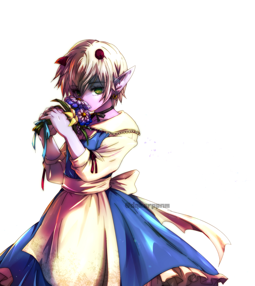1girl, apron, aqua_bow, black_ribbon, blonde_hair, blue_dress, bow, choker, colored_skin, commentary_request, covered_mouth, demon_girl, dragon_quest, dragon_quest_x, dress, earrings, floating_clothes, flower, gold_earrings, green_eyes, hair_between_eyes, highres, holding, holding_flower, hoop_earrings, horns, jewelry, looking_at_viewer, ozogori_(user_tzaz2447), pixie_cut, pointy_ears, purple_skin, red_horns, ribbon, ribbon_choker, smelling, smelling_flower, solo, tilia_(dq10), twitter_username, waist_apron, white_background, white_bow, white_sleeves