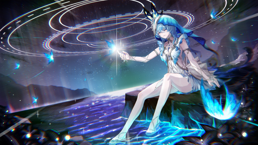 1girl, absurdres, armlet, bare_legs, black_flower, blake_bloom_(wuthering_waves), blue_butterfly, blue_hair