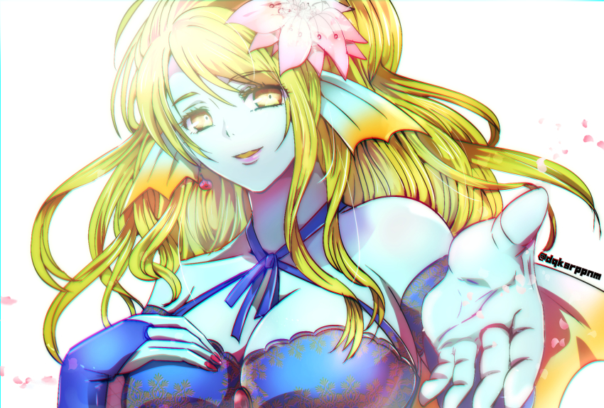 1girl, back_fin, blonde_hair, blue_bridal_gauntlets, blue_dress, blue_skin, breasts, bridal_gauntlets, cleavage, colored_skin, commentary_request, dragon_quest, dragon_quest_x, dress, earrings, fins, flower, hair_flower, hair_ornament, hand_on_own_chest, head_fins, high_ponytail, highres, jewelry, large_breasts, linache_(dq10), looking_at_viewer, open_hand, open_mouth, ozogori_(user_tzaz2447), ponytail, purple_lips, red_nails, slime_(dragon_quest), solo, twitter_username, upper_body, webbed_hands, yellow_eyes