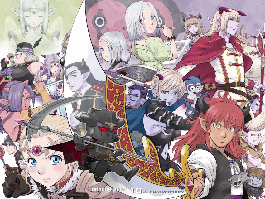 anlucea, anniversary, azbar_(dragon_quest), beltro_(dq10), black_hair, black_horns, black_sclera, blonde_hair