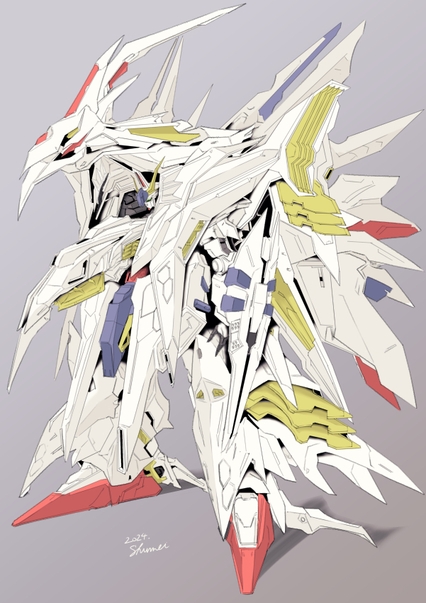 commentary_request, full_body, grey_background, gundam, gundam:_hathaway's_flash, kurashou_shumei, mecha, mecha_focus, mobile_suit, no_humans, penelope_(hathaway's_flash), robot, science_fiction, signature, solo, standing, v-fin