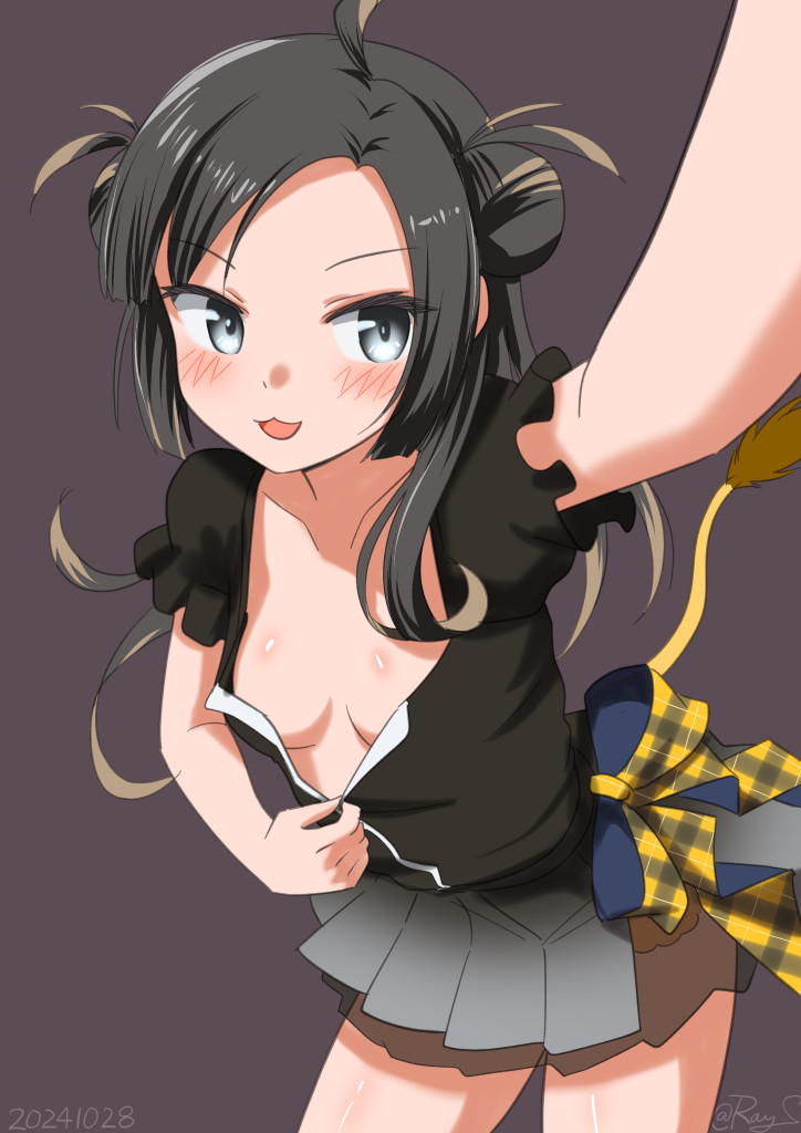1girl, :3, antenna_hair, black_background, black_hair, black_shirt, breasts, cowboy_shot