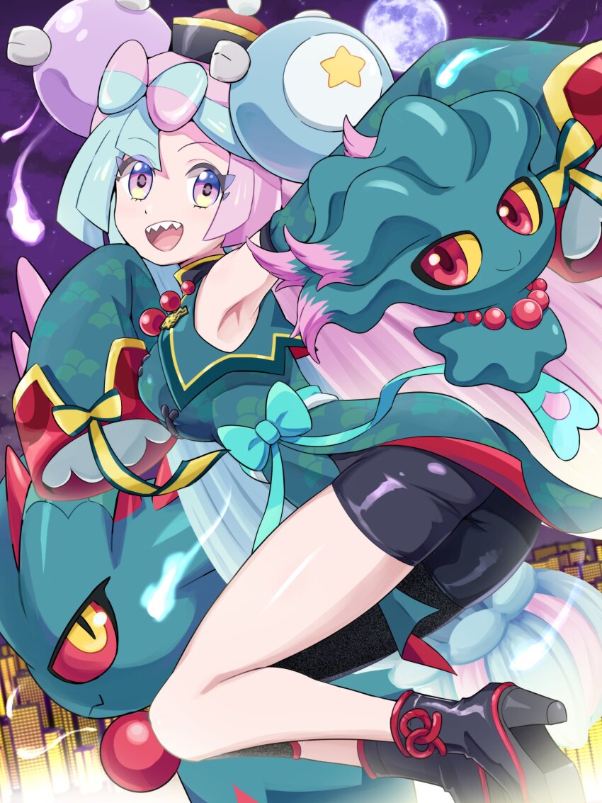 1girl, absurdres, armpits, flutter_mane, gen_1_pokemon, gen_2_pokemon, green_shrug, highres