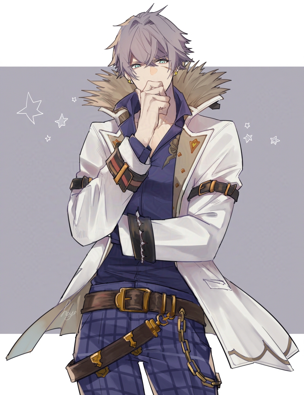 1boy, belt, blue_eyes, chain, earrings, fur-trimmed_jacket, fur_trim, granblue_fantasy