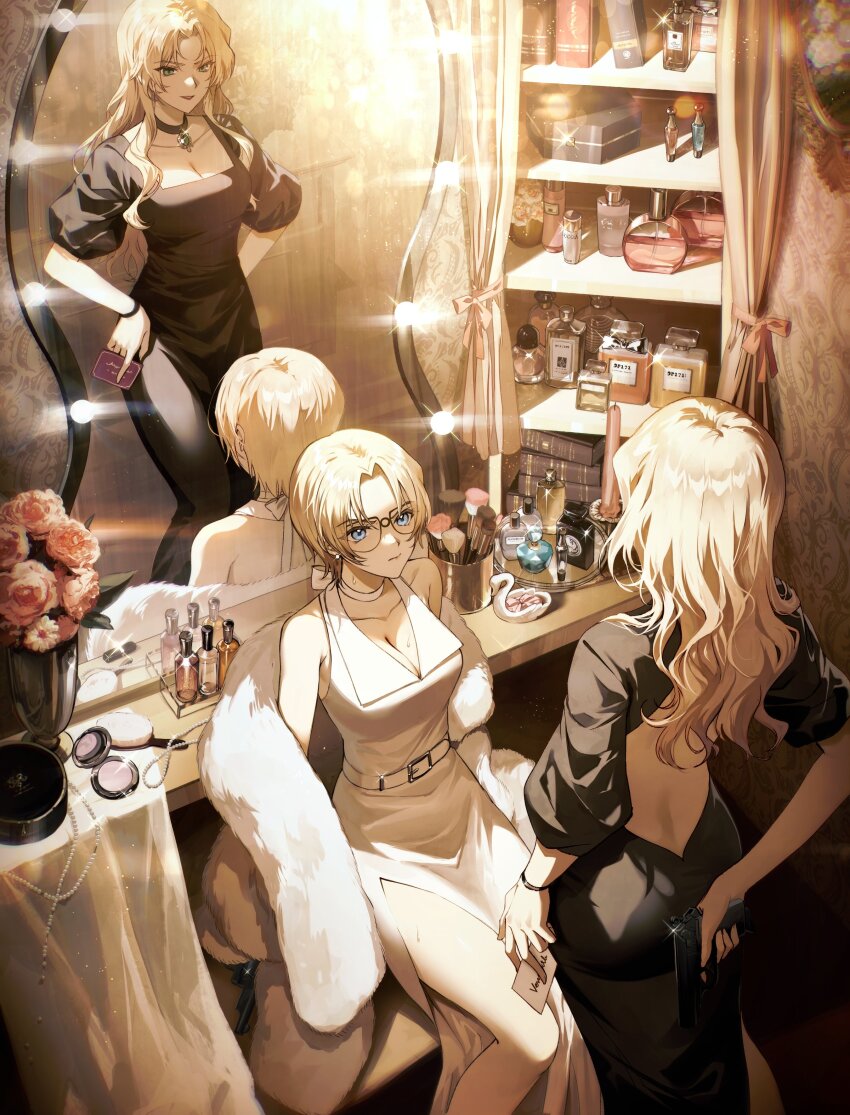 2girls, absurdres, arm_behind_back, belt, black-framed_eyewear, black_dress, blonde_hair, breasts