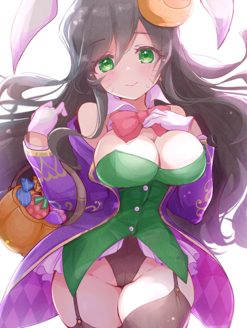1girl, animal_ears, basket, black_hair, black_panties, bow, bowtie, breasts