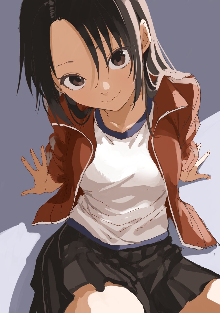 1girl, absurdres, black_skirt, breasts, brown_eyes, closed_mouth, gym_shirt, hair_between_eyes