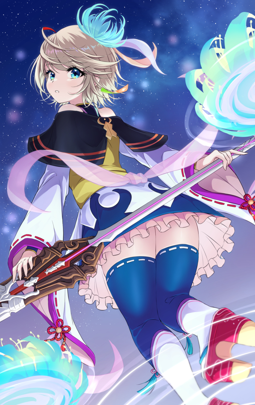 1girl, akirappy, bare_shoulders, blue_eyes, dress, highres, holding, holding_staff