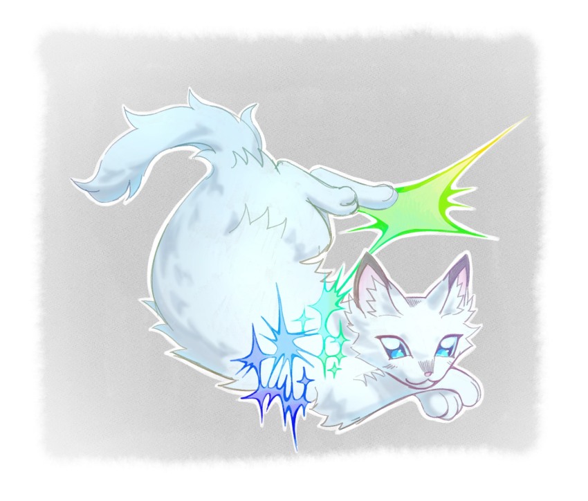 :3, animal, animal_focus, blue_eyes, cat, commentary, english_commentary, highres, kitty_(fernwhisker), looking_at_viewer, lying, no_humans, snowfur, solo, star_(symbol), tail, the_prophecies_begin, warrior_cats, white_cat