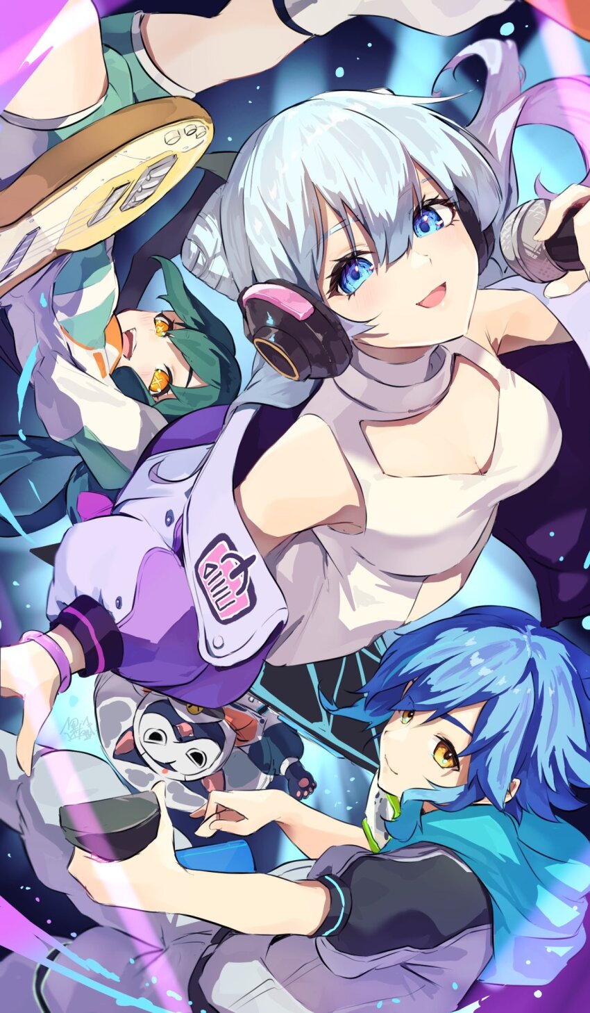 1boy, 1girl, 2girls, behind-the-head_headphones, blue_eyes, blue_hair, breasts, cleavage