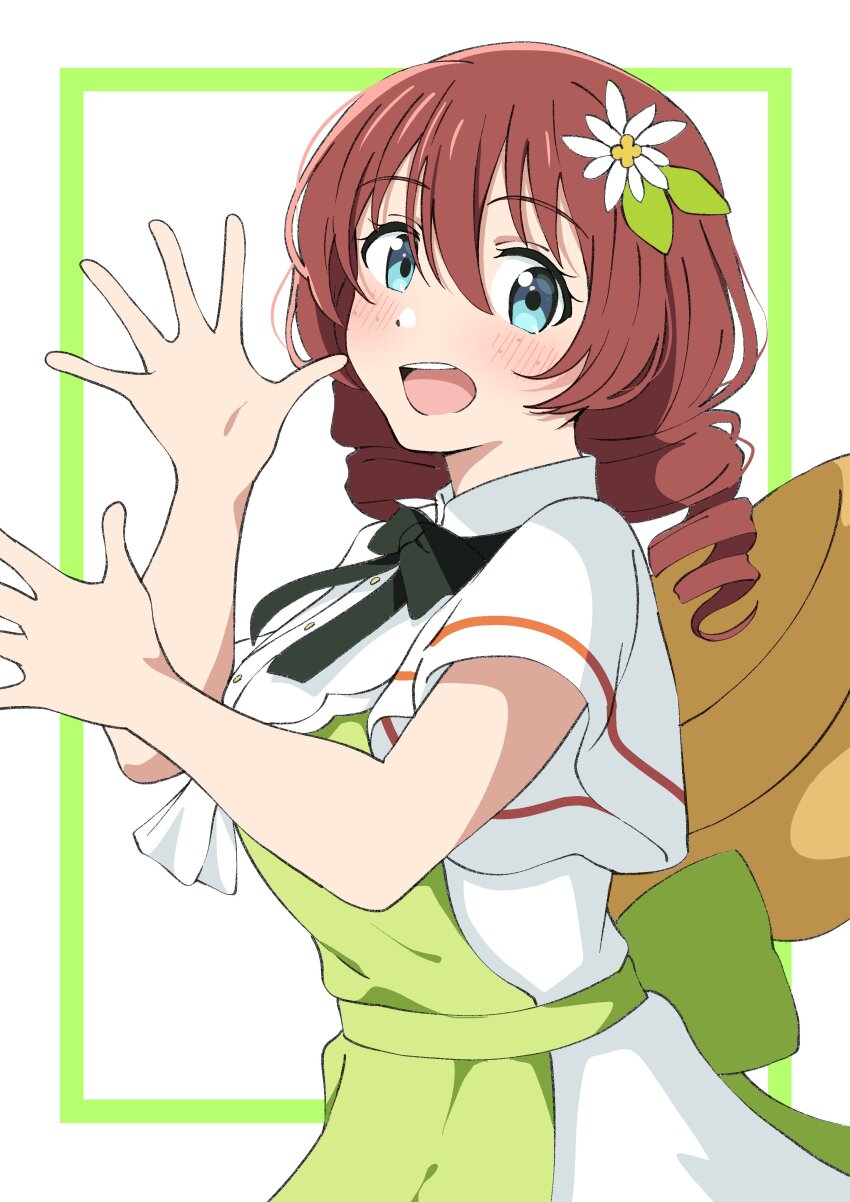 1girl, :d, absurdres, black_bow, black_bowtie, blue_eyes, blush, border, bow, bowtie, breasts, brown_hair, dress, drill_hair, emma_verde, flower, freckles, green_border, green_dress, hair_between_eyes, hair_flower, hair_ornament, hat_on_back, highres, inset_border, la_bella_patria_(love_live!), large_breasts, long_hair, looking_at_viewer, love_live!, love_live!_nijigasaki_high_school_idol_club, low_drills, official_alternate_costume, official_alternate_hairstyle, open_mouth, outside_border, short_sleeves, simple_background, smile, solo, teeth, twin_drills, uchuu_no_mozuku, upper_body, upper_teeth_only, white_background, white_dress, white_flower