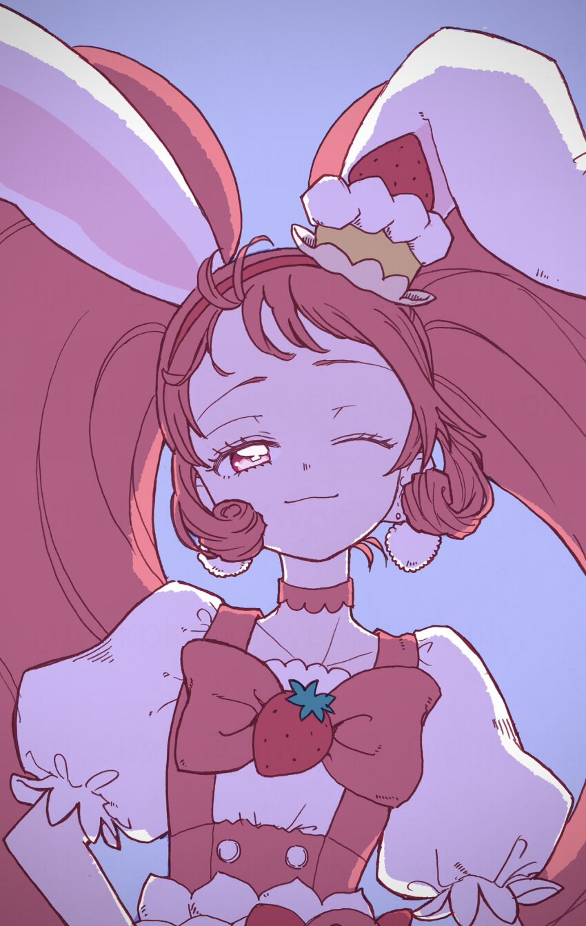 1girl, aji_fry, bow, bowtie, cake_hair_ornament, closed_mouth, cure_whip, dress