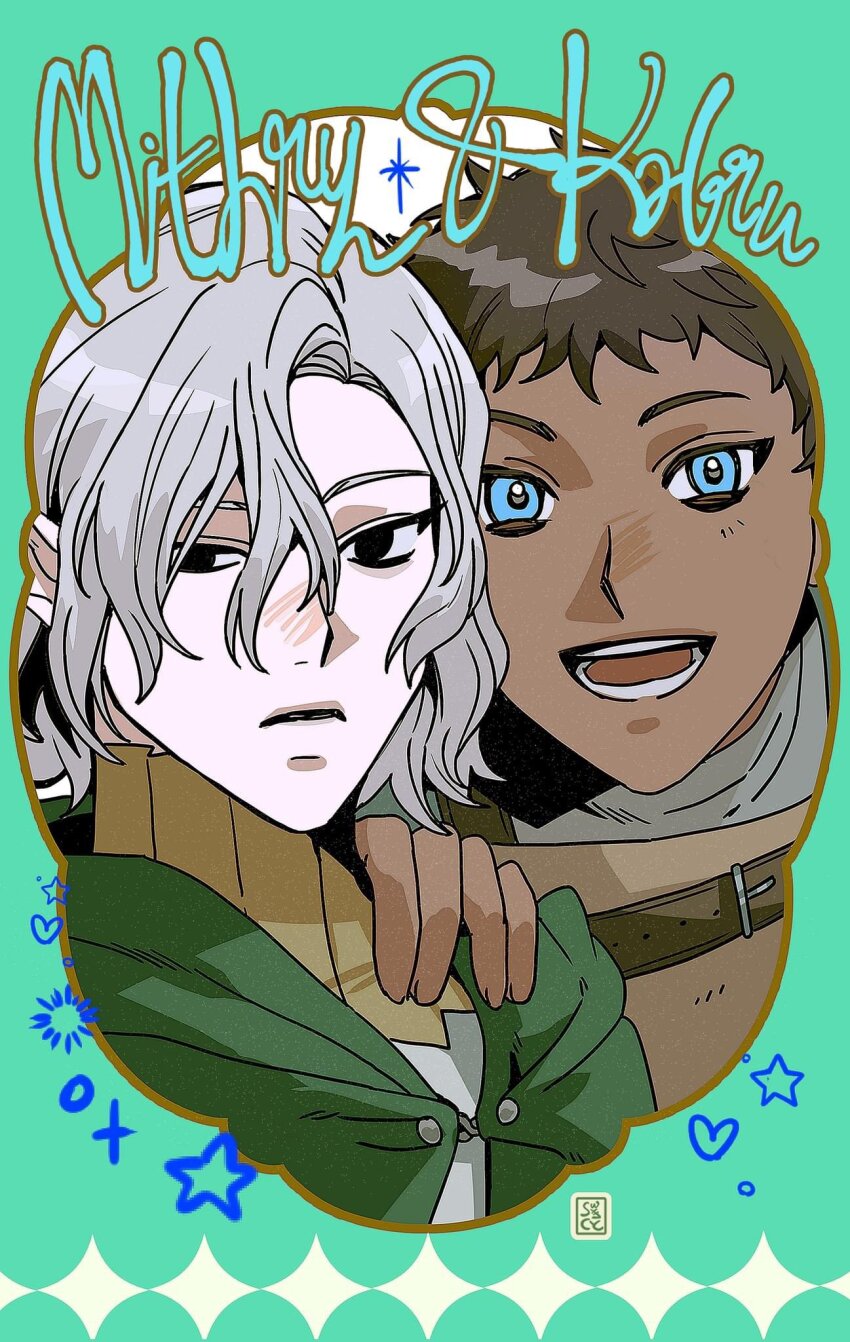 2boys, armor, bags_under_eyes, black_eyes, black_hair, blue_eyes, border, character_name