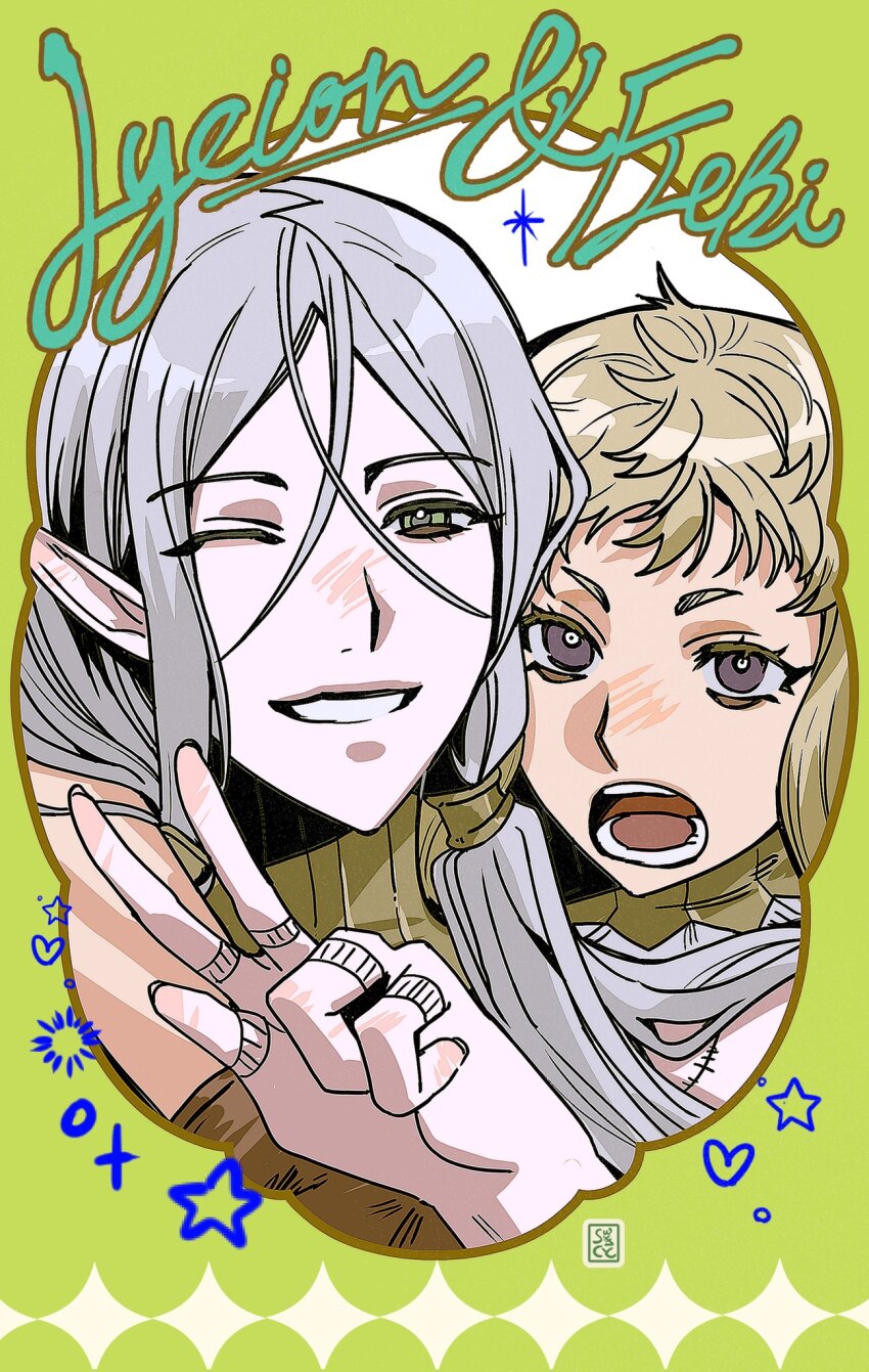 1boy, 1girl, blonde_hair, border, character_name, dungeon_meshi, elf, english_text