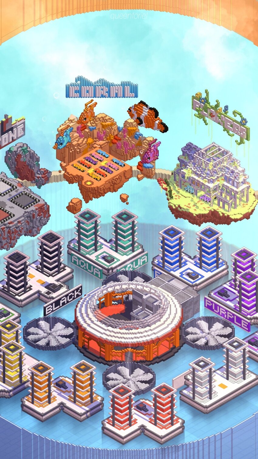 absurdly_detailed_composition, absurdres, architecture, big_sales_at_build_mart, building, clownfish, commentary, complex_exterior, english_commentary, english_text, esports, fish, highres, in-universe_location, isometric, kt_(swiftlyswan), mc_championship, minecraft, minecraft_youtube, no_humans, official_style, scenery, sign