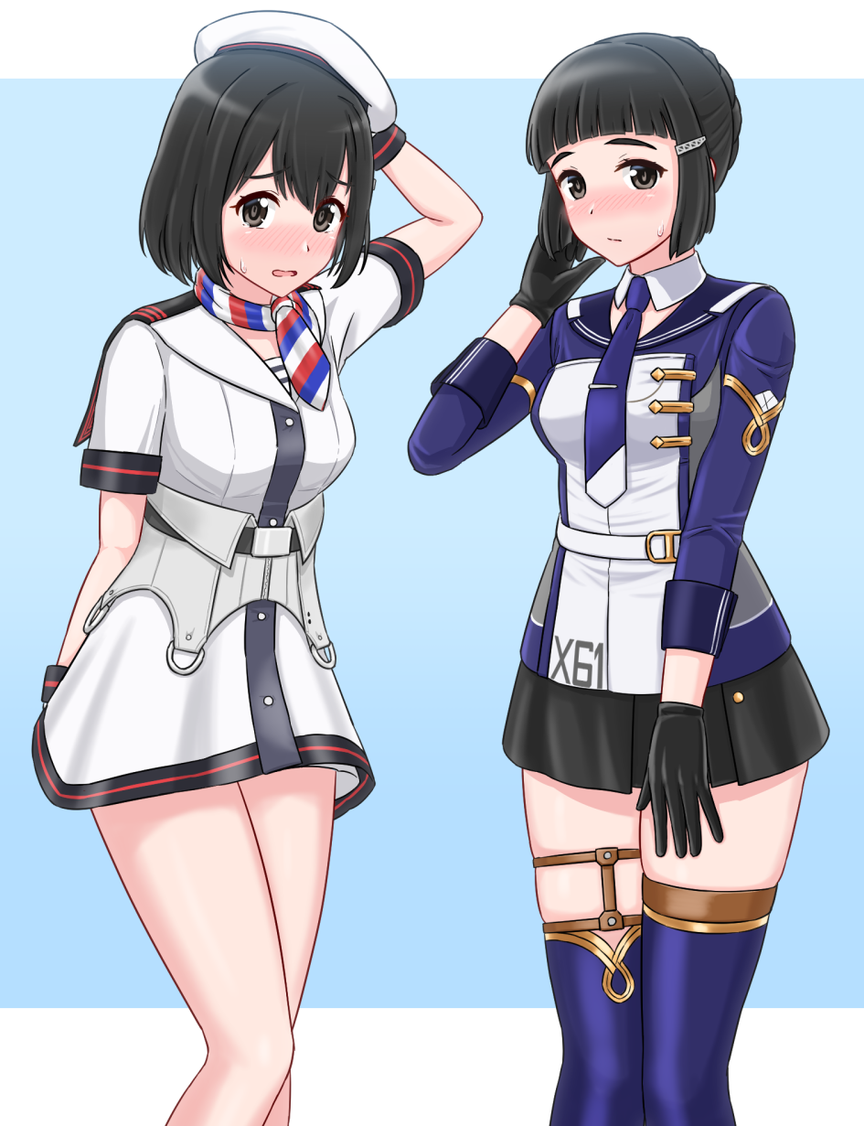 2girls, alternate_costume, belt, beret, black_gloves, black_hair, black_skirt, blue_background, blue_thighhighs, blush, breasts, brown_eyes, brown_hair, cosplay, dress, embarrassed, geometrie, gloire_(kancolle), gloire_(kancolle)_(cosplay), gloves, haguro_(kancolle), hair_bun, hair_ornament, hairclip, hat, highres, kantai_collection, long_hair, long_sleeves, looking_at_viewer, mogador_(kancolle), mogador_(kancolle)_(cosplay), multiple_girls, myoukou_(kancolle), necktie, open_mouth, pleated_skirt, purple_necktie, short_hair, short_sleeves, single_hair_bun, skirt, thighhighs, white_background, white_dress, white_gloves, white_hat