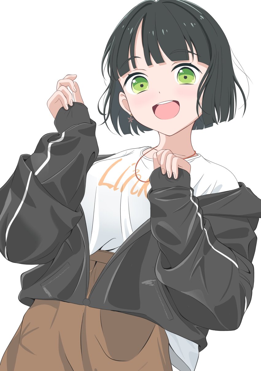 1girl, :d, absurdres, alternate_costume, black_hair, black_jacket, blunt_bangs, blunt_ends