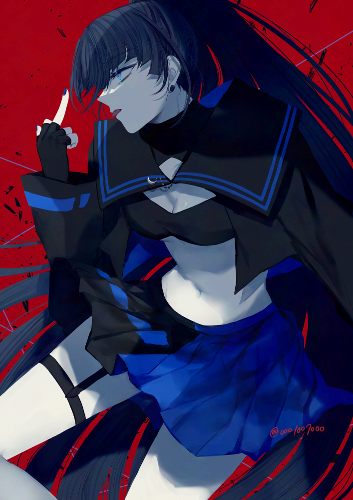 absurdly_long_hair, ado_(utaite), blue_eyes, blue_hair, blue_skirt, bra, breasts, earrings, jewelry, long_hair, middle_finger, midriff, nail_polish, naima_(ado), navel, pale_skin, ponytail, red_background, shouzai_(ooo1007ooo), skirt, tongue, tongue_out, underwear, usseewa, very_long_hair