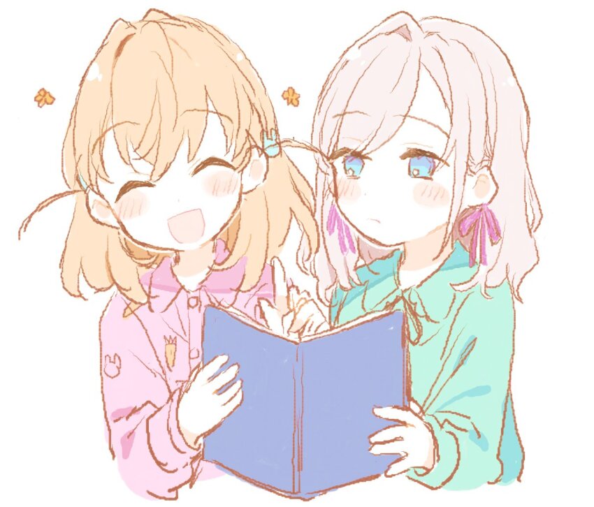 2girls, :d, ^_^, aged_down, blue_eyes, bluesky021, blush, book
