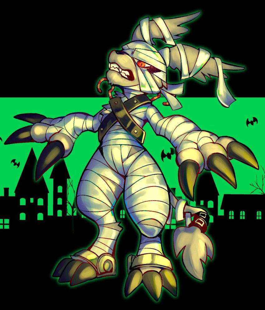 bandages, black_border, body_fur, border, cosplay, digimon, digimon_(creature), full_body