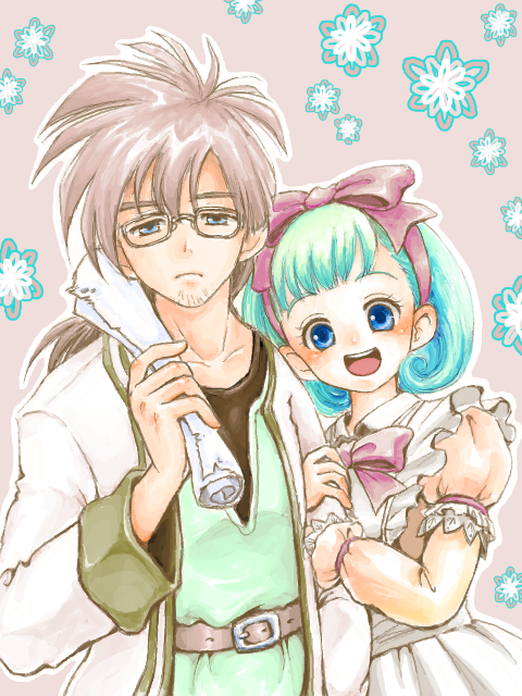 1boy, 1girl, :d, blue_eyes, bob_cut, bow, bow_hairband, brown_hair, closed_mouth, commentary_request, couple, dragon_quest, dragon_quest_ix, dress, dress_bow, eliza_(dq9), facial_hair, frilled_dress, frills, glasses, green_hair, hairband, hetero, holding, holding_another's_arm, holding_paper, husband_and_wife, jacket, looking_at_viewer, low_ponytail, mariemon, open_mouth, paper, pink_bow, pink_hairband, ponytail, rolled-up_paper, ruufin, smile, spiked_hair, stubble, upper_body, white_jacket