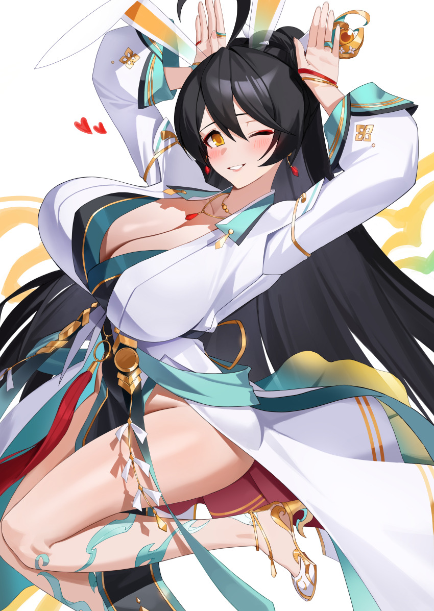 1girl, absurdres, ara_haan, arms_up, black_hair, blush, breasts, chinese_clothes, cleavage, commentary, ddog, elsword, eyeshadow, hair_between_eyes, hanfu, highres, large_breasts, long_hair, long_sleeves, looking_at_viewer, makeup, one_eye_closed, rabbit_pose, red_eyeshadow, smile, solo, surya_(elsword), thighs, very_long_hair, yellow_eyes