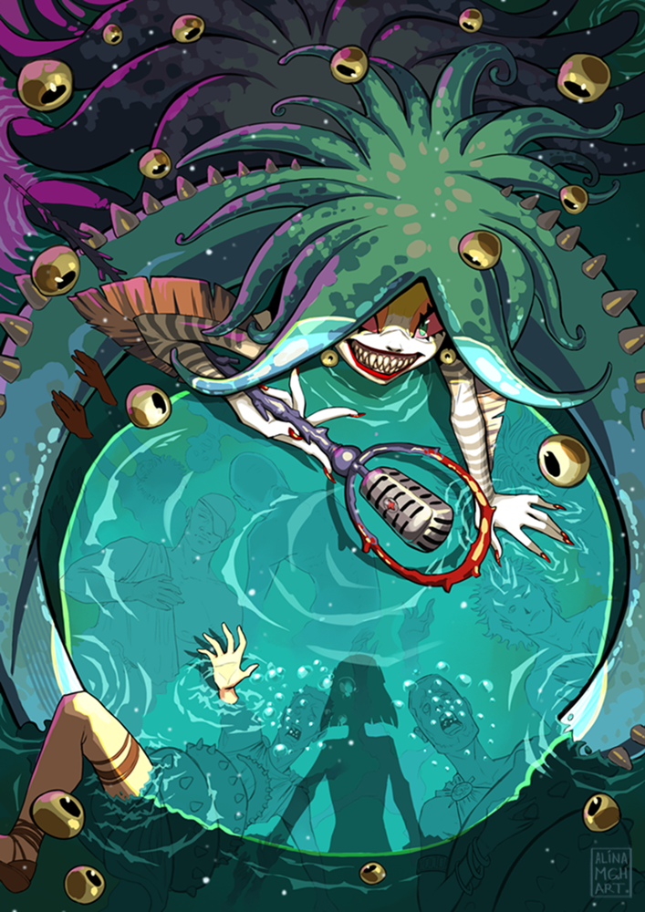 1girl, 6+boys, alina_mgh_art, arm_fins, asphyxiation, drowning, eyeshadow, grin