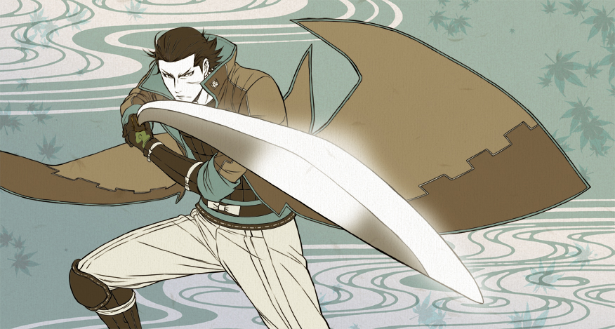 1boy, 2010, boots, brown_footwear, brown_gloves, brown_hair, brown_jacket, fighting_stance, glint, gloves, holding, holding_sword, holding_weapon, jacket, katakura_kojuurou_(sengoku_basara), katakura_kojuurou_(sengoku_bushouki_muramasa), katana, leaf, pants, sabo27ten, samurai, scar, scar_on_face, sengoku_basara, serious, sword, weapon, white_pants