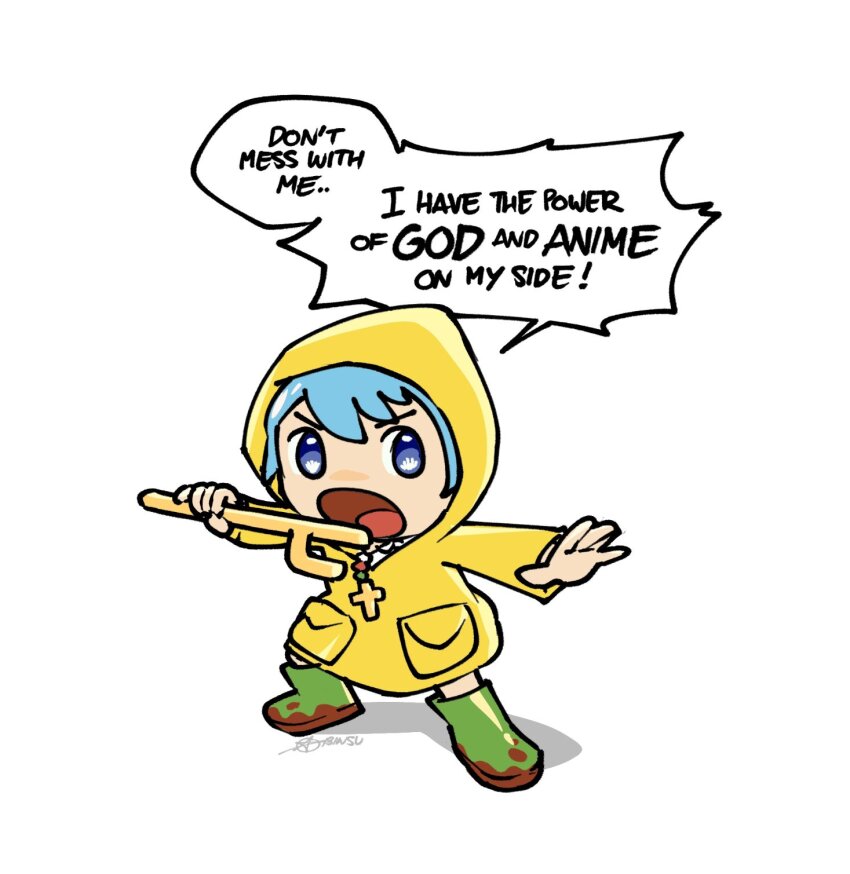 1girl, bead_necklace, beads, blue_eyes, blue_hair, boots, cane, commentary, cross, cross_necklace, english_commentary, english_text, green_boots, hair_between_eyes, heybinsu, highres, holding, holding_cane, i_have_the_power_of_god_and_anime_on_my_side_(meme), jewelry, jubilee_2025, luce_(jubilee_2025), meme, mud, necklace, raincoat, rosary, shadow, short_hair, signature, simple_background, solo, speech_bubble, white_background, yellow_raincoat