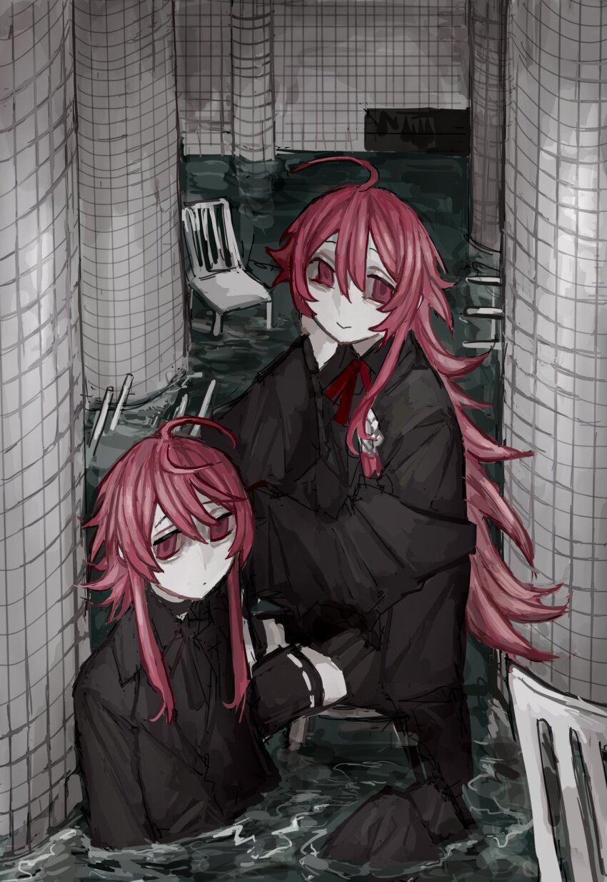 2girls, brown_jacket, brown_pants, brown_thighhighs, chair, colored_skin, dream_pool, expressionless