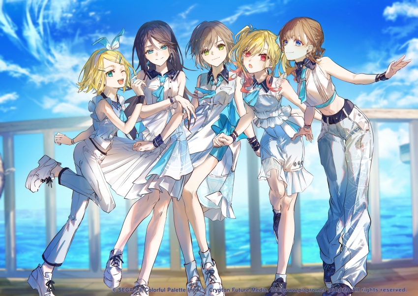 5girls, absurdres, armband, black_hair, blonde_hair, blue_eyes, blue_neckerchief, blue_sky