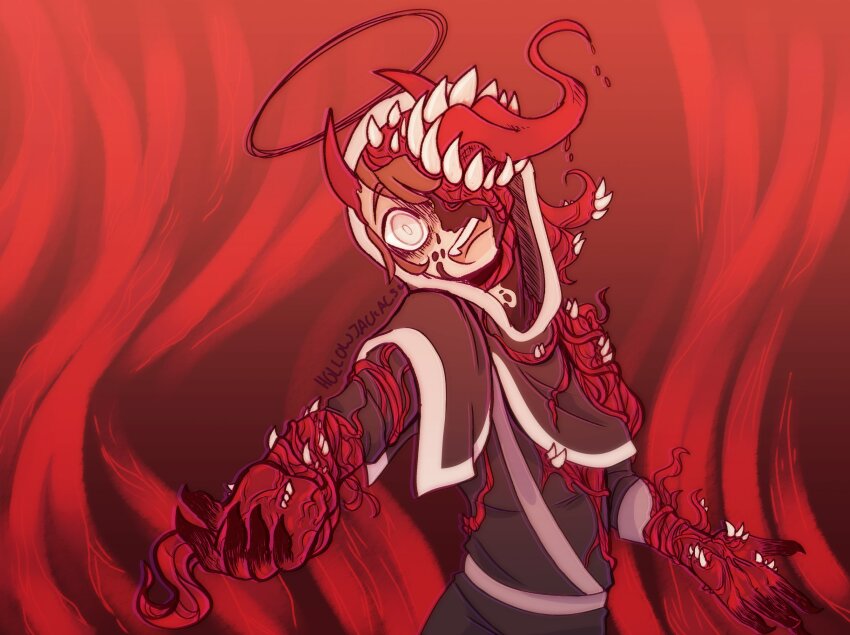 1boy, adapted_costume, badboyhalo, black_capelet, blood_vines_(dream_smp), body_horror, brown_hair, capelet