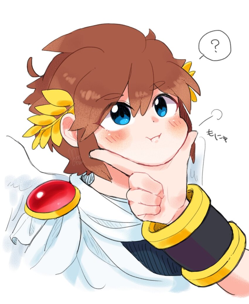 ?, androgynous, angel, angel_wings, blue_eyes, blush, bracer, brown_hair