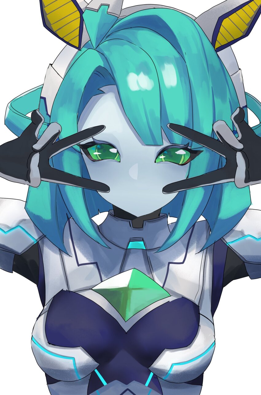 1girl, animal_ears, breasts, double_v, green_eyes, grey_hair, highres, horse_ears