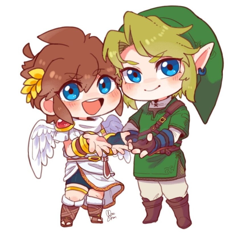 2boys, :d, ahoge, ancient_greek_clothes, androgynous, angel, angel_wings, armlet