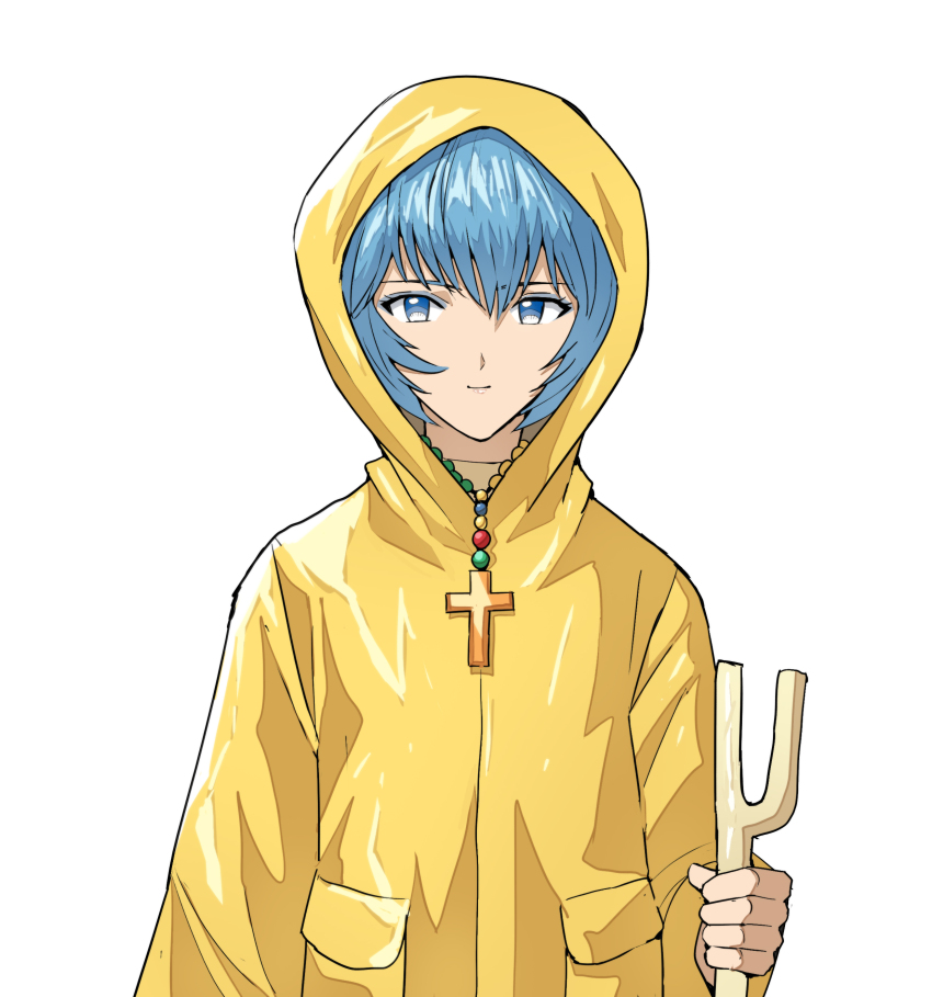 1girl, absurdres, ayanami_rei, blue_eyes, blue_hair, cane, cirenk, closed_mouth, cosplay, cross, cross_necklace, hair_between_eyes, highres, holding, holding_cane, hood, hood_up, jewelry, jubilee_2025, light_smile, look-alike, looking_at_viewer, luce_(jubilee_2025), luce_(jubilee_2025)_(cosplay), necklace, neon_genesis_evangelion, raincoat, short_hair, simple_background, solo, upper_body, white_background, yellow_raincoat