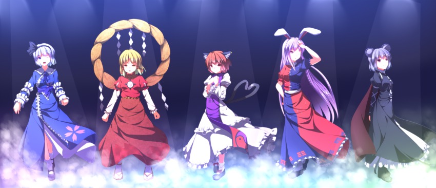 5girls, ;d, animal_ears, blonde_hair, blue_eyes, brown_hair, cape, cat_ears