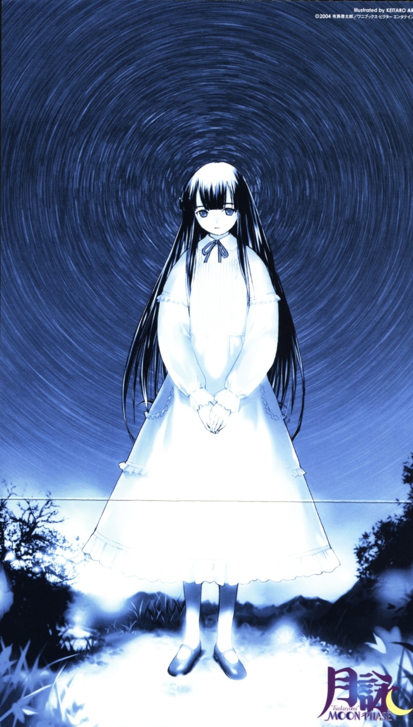 1girl, absurdres, arima_keitarou, black_hair, blue_eyes, color_halftone, crease, dress