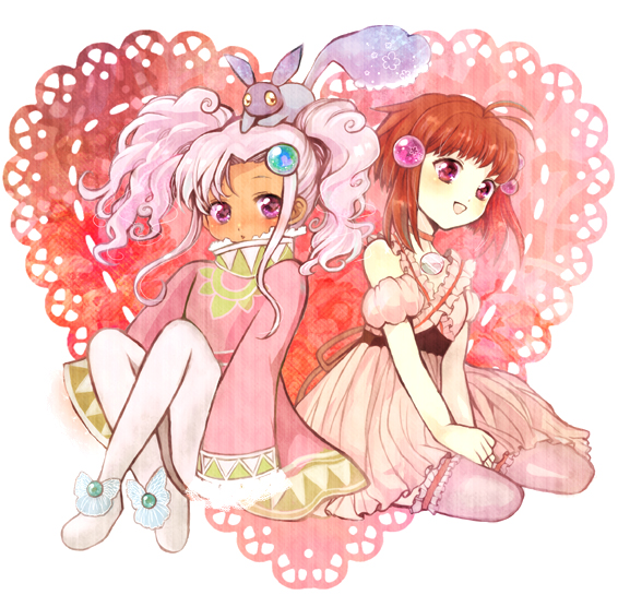 00s, 2girls, :d, :p, ahoge, bad_id, bad_pixiv_id, blush