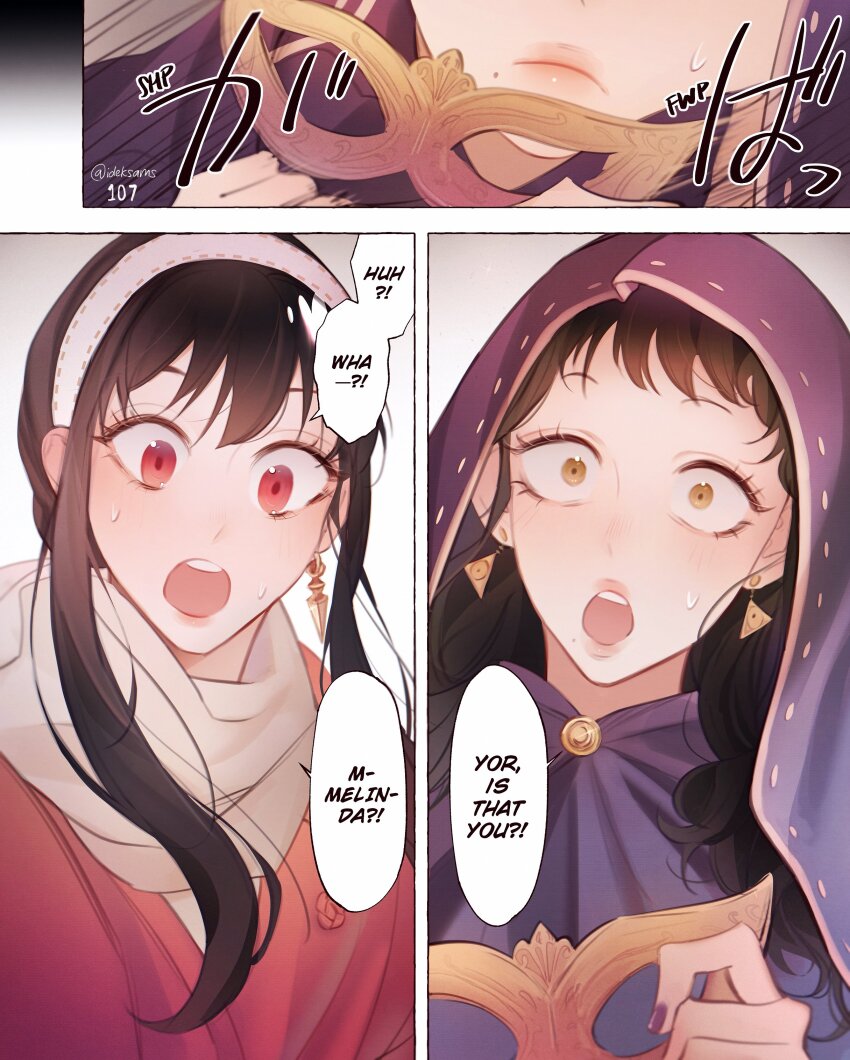 2girls, absurdres, black_hair, blush, breasts, comic_panel_redraw, derivative_work, dress